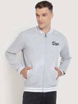 Guess - Men Grey Solid High Neck Full Sleeves Bomber Jacket