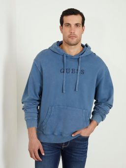 Guess - Men Blue Solid Hooded Full Sleeves Pullover Style Sweatshirt