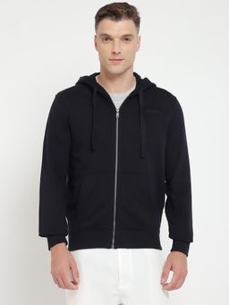 Guess - Men Navy Blue Solid Hooded Full Sleeves Front-Open Sweatshirt
