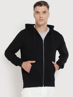Guess - Men Black Solid Hooded Full Sleeves Front-Open Sweatshirt