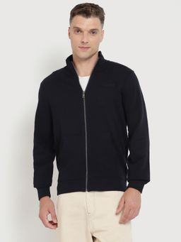 Guess - Men Blue Solid Hight Neck Full Sleeves Front-Open Sweatshirt