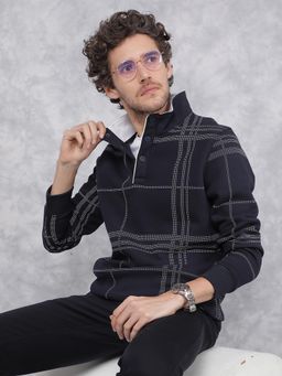 CRIMSOUNE CLUB - Men Navy Blue Checkered Sweatshirt