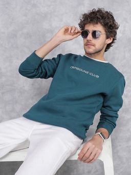 CRIMSOUNE CLUB - Men Teal Solid Round Neck Sweatshirt