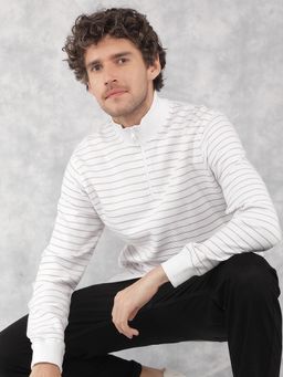 CRIMSOUNE CLUB - Men Off White Horizontal Stripes 100% Cotton Sweatshirt