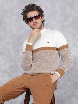CRIMSOUNE CLUB - Men White Color Blocked Cotton Sweater
