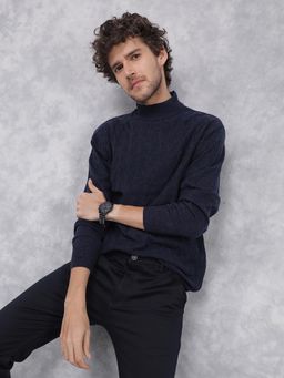 CRIMSOUNE CLUB - Men Navy Blue Jacquard High Neck Sweater
