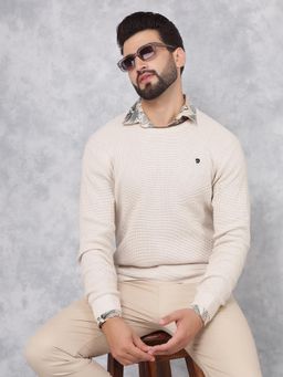 CRIMSOUNE CLUB - Men Beige Knitted Cotton Sweater