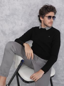 CRIMSOUNE CLUB - Men Black Knitted Cotton Sweater