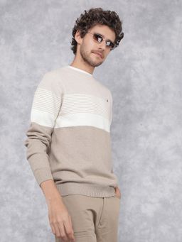CRIMSOUNE CLUB - Men Beige Horizontal Stripes Cotton Sweater