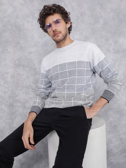CRIMSOUNE CLUB - Men Blue Checks Jacquard Sweater