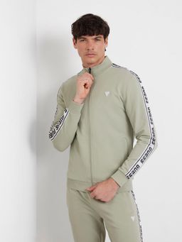 Guess - Men Green Solid Hight Neck Full Sleeves Front-Open Sweatshirt