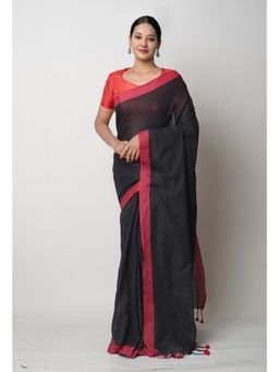 Unnati Silks - Black Pure Plain Cotton Linen Saree UNM75039 with Unstitched Blouse