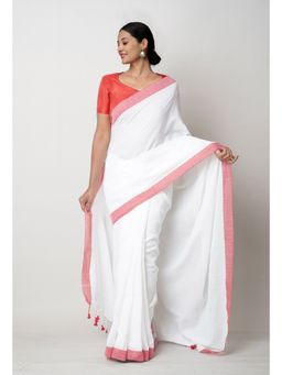 Unnati Silks - White Pure Plain Cotton Linen Saree UNM75043 with Unstitched Blouse