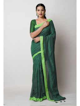 Unnati Silks - Forest Green Pure Plain Cotton Linen Saree UNM75046 with Unstitched Blouse