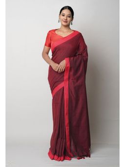 Unnati Silks - Maroon Pure Plain Cotton Linen Saree UNM75047 with Unstitched Blouse