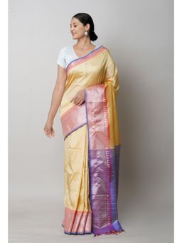 Unnati Silks - Golden Cream Pure Handloom Narayanpet Silk Saree UNM75258 with Unstitched Blouse