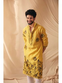 WABI SABI by Anshum-Ritesh - Flock Parrot Mustard Thread Work Kurta with Pant