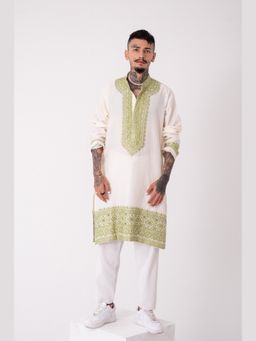 WABI SABI by Anshum-Ritesh - Garnish In Green Ivory Thread Work Kurta with Pant