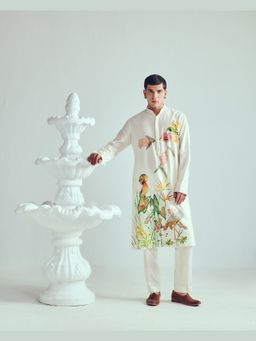 WABI SABI by Anshum-Ritesh - Crowned Crane Ivory Hand Painted Kurta with Pant