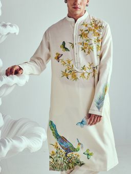 WABI SABI by Anshum-Ritesh - Peacock Feather Ivory Hand Painted Kurta with Pant