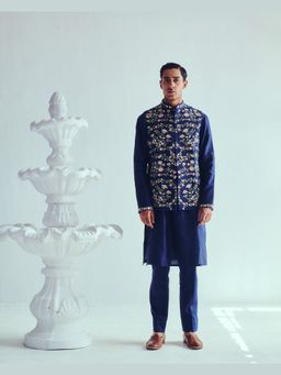 WABI SABI by Anshum-Ritesh - Ferdous Indigo Thread Work Kurta with Pant and Jacket