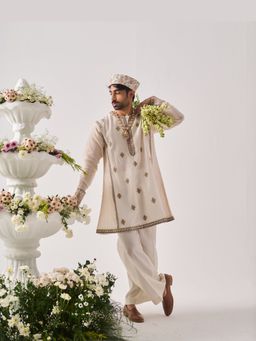 WABI SABI by Anshum-Ritesh - Golden Blossom Ivory Thread Work Kurta with Pant
