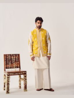 WABI SABI by Anshum-Ritesh - Marigold Court Beige Thread Work Kurta with Pant and Jacket