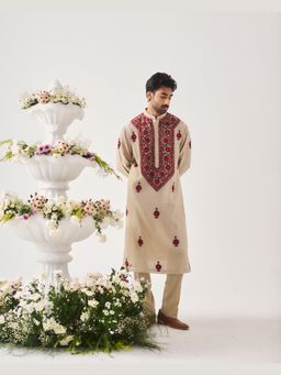 WABI SABI by Anshum-Ritesh - Crimson Bloom Cream Thread Work Kurta with Pant