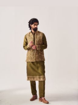 WABI SABI by Anshum-Ritesh - Wild Crest Olive Thread Work Kurta with Pant