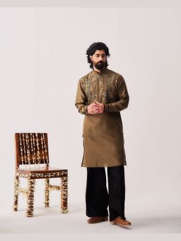 WABI SABI by Anshum-Ritesh - Twin Guardians Brown Thread Work Kurta with Pant