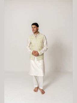 WABI SABI by Anshum-Ritesh - Mint Bloom White Thread Work Kurta with Pant and Jacket