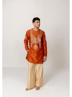 WABI SABI by Anshum-Ritesh - Floral Yoke Rust Thread Work Kurta with Pant