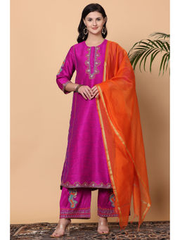 Kaanchie Nanggia - Pink Embroidered Kurta Palazzo with Orange Dupatta (Set of 3)