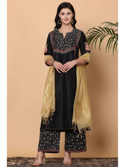 Kaanchie Nanggia - Black Embroidered Kurta Palazzo with Gold Dupatta (Set of 3)