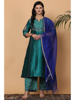 Kaanchie Nanggia - Teal Green Embroidered Kurta Palazzo with Dupatta (Set of 3)