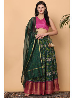 Kaanchie Nanggia - Pink Green Lehenga with Blouse and Dupatta (Set of 3)