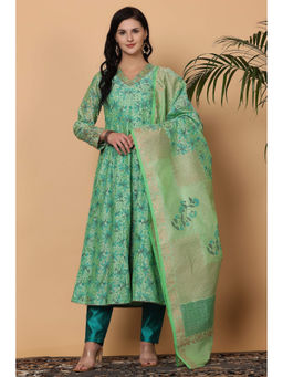 Kaanchie Nanggia - Green Chanderi Kalidar Printed Kurta Dupatta with Pants (Set of 3)