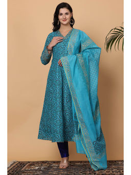 Kaanchie Nanggia - Blue Chanderi Kalidar Printed Kurta Dupatta with Pants (Set of 3)