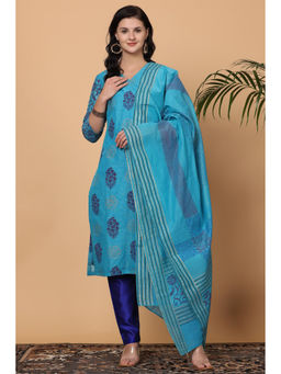 Kaanchie Nanggia - Turquoise Chanderi Printed Kurta Dupatta with Pants (Set of 3)
