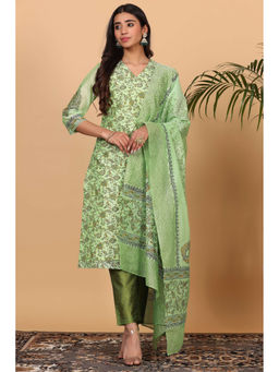 Kaanchie Nanggia - Lite Green Chanderi Printed Kurta Dupatta with Pants (Set of 3)