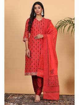 Kaanchie Nanggia - Red Chanderi Printed Kurta Dupatta with Pants (Set of 3)