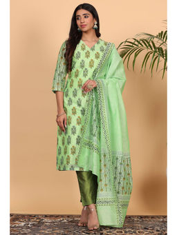 Kaanchie Nanggia - Lite Green Chanderi Printed Kurta Dupatta with Pants (Set of 3)