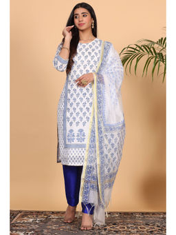 Kaanchie Nanggia - Blue Cotton Printed Kurta Dupatta with Pants (Set of 3)