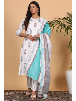 Kaanchie Nanggia - White Cotton Printed Kurta Dupatta with Pants (Set of 3)