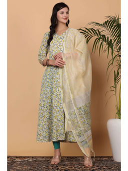 Kaanchie Nanggia - Multi-Color Cotton Printed Anarkali Kurta Dupatta with Leggings (Set of 3)