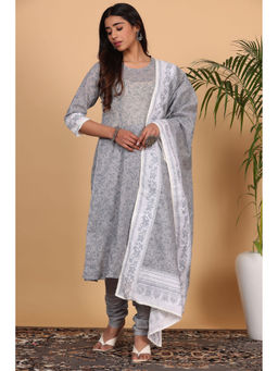 Kaanchie Nanggia - Grey Printed Kurta Dupatta with Churidar (Set of 3)