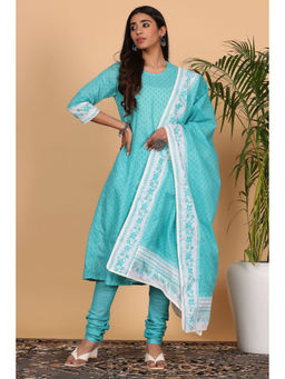 Kaanchie Nanggia - Turquoise Printed Kurta Dupatta with Churidar (Set of 3)