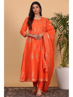 Kaanchie Nanggia - Orange Printed Kalidar Kurta Dupatta with Churidar (Set of 3)