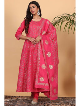 Kaanchie Nanggia - Pink Printed Kalidar Kurta Dupatta with Churidar (Set of 3)