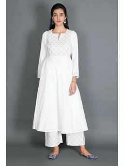 Tjori - White Anarkali with Beige Kantha Embroidered Yoke